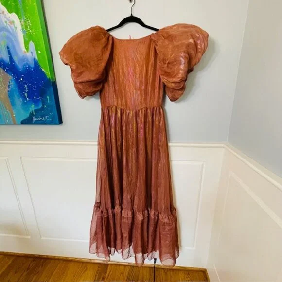 JessaKae Pixie Dress Puff Sleeve Ruffled Gown Bronze NWT Medium NEW - Picture 8 of 9
